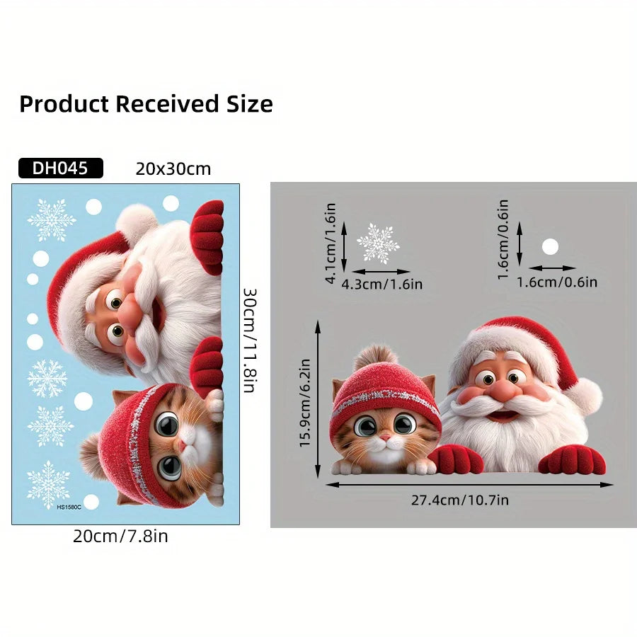 Santa Claus & Kitten Window Sticker – Removable Static Cling Christmas Glass Decor for Home, Living Room & Entryway