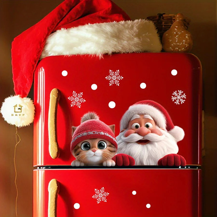 Santa Claus & Kitten Window Sticker – Removable Static Cling Christmas Glass Decor for Home, Living Room & Entryway