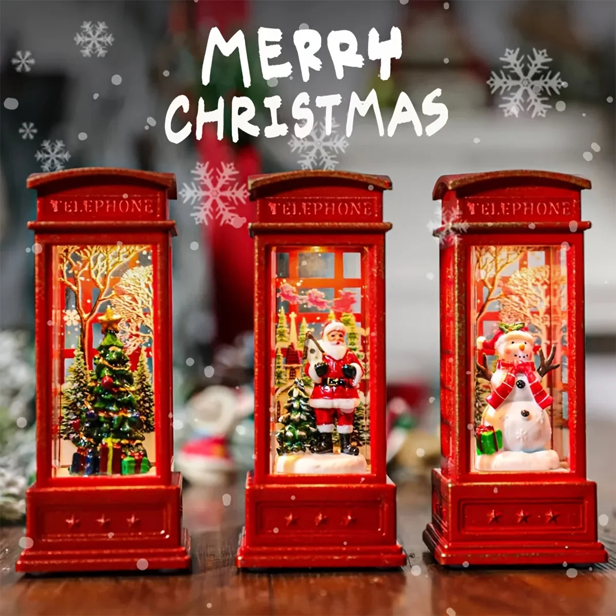 Light-Up Christmas Phone Booth – Santa, Snowman & Tree Decoration