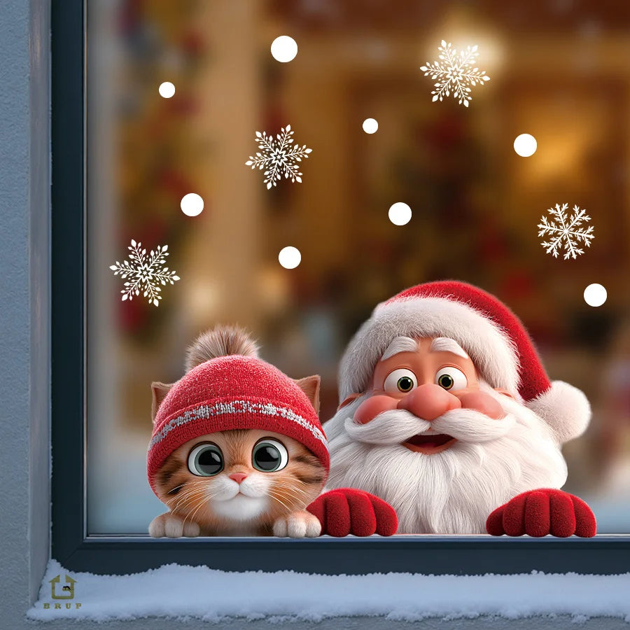 Santa Claus & Kitten Window Sticker – Removable Static Cling Christmas Glass Decor for Home, Living Room & Entryway