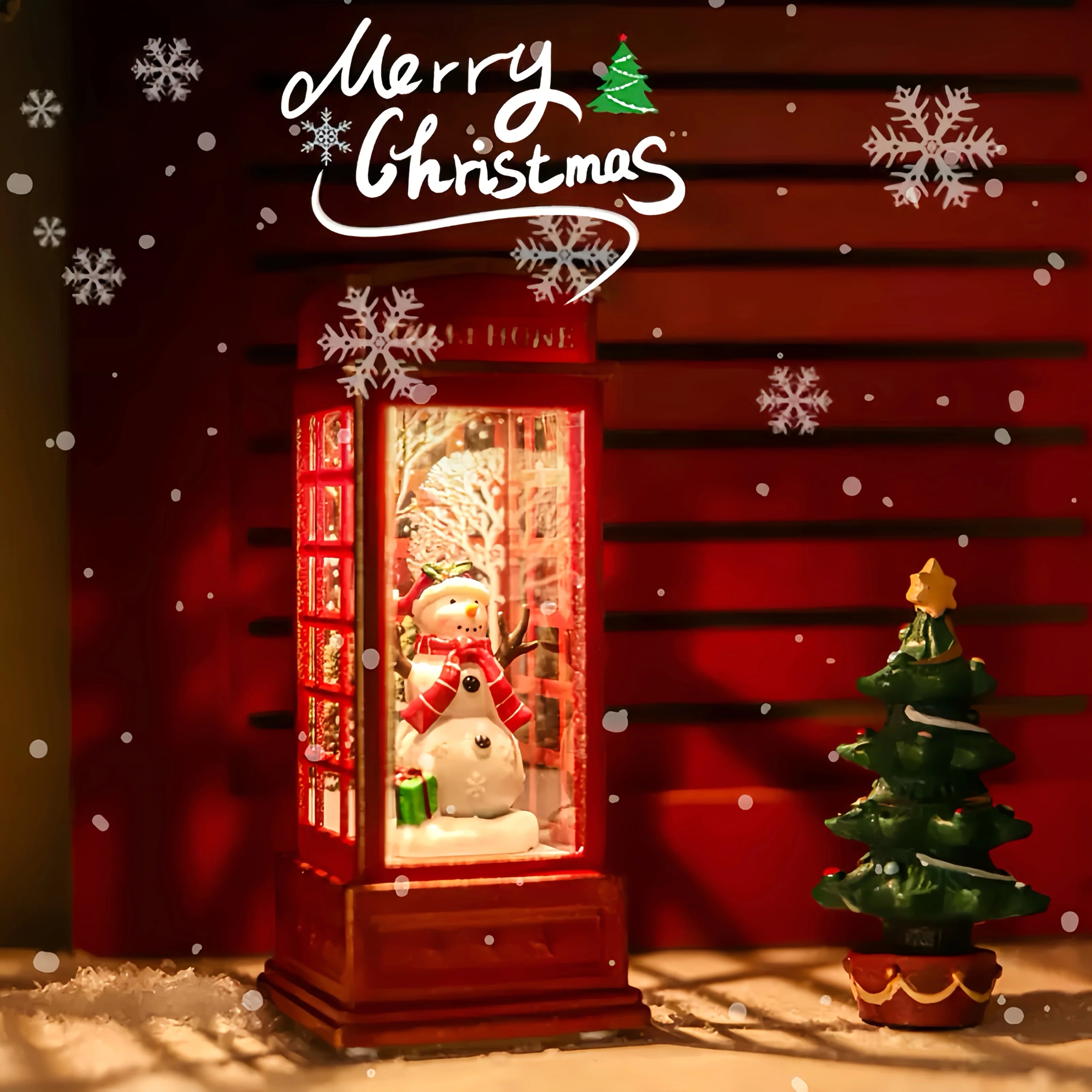 Light-Up Christmas Phone Booth – Santa, Snowman & Tree Decoration